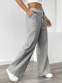 Pantalones sueltos para mujer con rayas azules de tiro bajo para vacaciones y uso informal - Negro - Ver 5