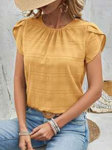 Blusa de manga corta con abertura en la espalda y manga estilo pétalo de unicolor, blusas de manga corta - Amarillo - Ver 1