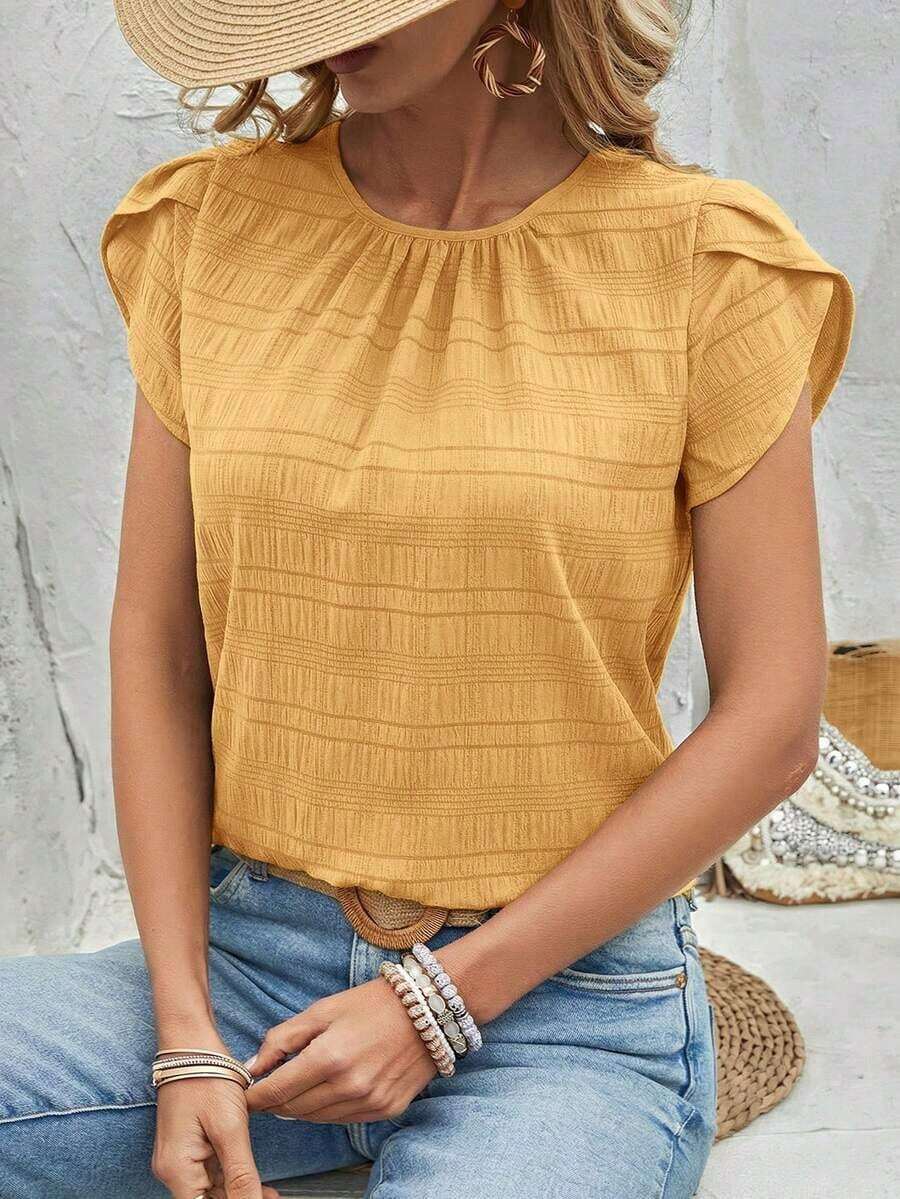 Blusa de manga corta con abertura en la espalda y manga estilo pétalo de unicolor, blusas de manga corta - Amarillo - Ver 1