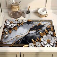 1pc Metal Silver Floral Pattern Printed Absorbent Dish Drying Mat, Concentrated Coffee Machine Countertop Absorbent Mat, Sink Drain Mat, Soft Faucet Absorbent Mat, Sink Cup Mat, Kitchen & Bathroom Accessories - Multicolor - View 2