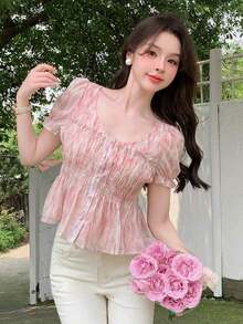 Blusa de verano con volantes y estampado todo sobre, ropa de otoño - Rosa - Ver 4
