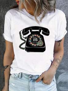 Playeras de Mujer Algodón Oversize Moda 2026, Camiseta Casual de Cuello Redondo para Mujer, Tejido de Punto 100% Poliéster, Largo Regular, con Estampado Geométrico de Teléfono Rotatorio, para Comodidad en Todas las Temporadas, Suave y Acogedora, Simple para Uso Diario, Top de Manga Corta. - Blanco - Ver 7