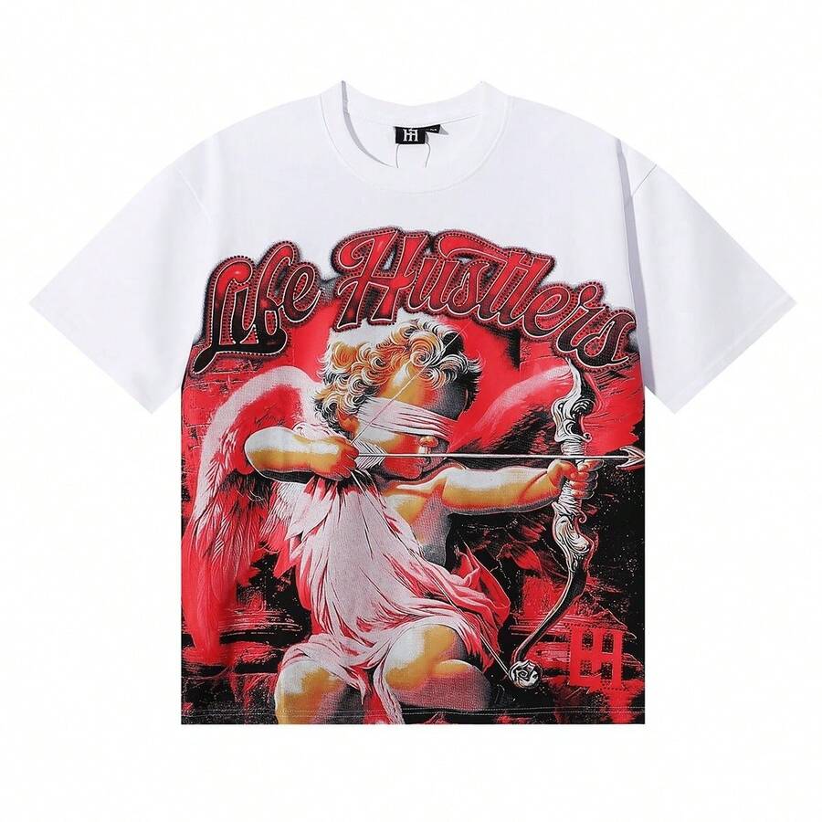 MeiLife Meichao Hustlers Men's And Women's Loose Fit Short Sleeve T-Shirt With Archer And Masked Angel Print - 黑色 - 查看 1