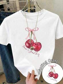 Women's Casual Black Short Sleeve T-Shirt, Polyester, Cherry Print, Round Neck, Regular Fit, For Everyday Wear IMVH - 白色 - 查看 2