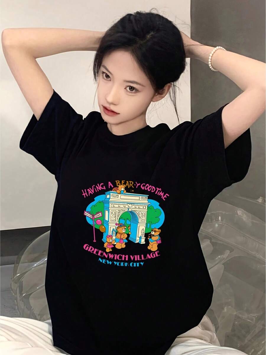 Women's Short-Sleeved T-Shirt With Cartoon Anime Print, Versatile And Stylish - Hitam - View 1