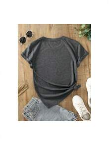 YOCASA Camiseta Casual de Verano para Mujer, con Cuello Redondo, Ajustada y Manga Corta, con Estampado de Pintura al Óleo, Floral, Corazón, Cereza y Patrones de Letras. Tejido Casual Simple, Estilo Deportivo, Ideal para Uso Diario y un Citas de San Valentín. - Gris - Ver 3