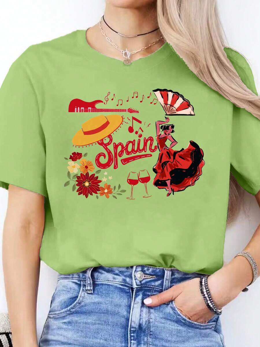 Women's Casual Blouse With Spanish Letter Print, Spring/Summer Casual T-Shirt, Short Sleeve Sports T-Shirt With Round Neck, Cotton Tops For Women. - 綠色 - 查看 1