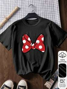 100% Cotton Short-Sleeved T-Shirt With Red Polka Dot Print And Bow, For Chinese New Year, Lunar New Year, Year Of The Horse, Spring Festival, Happy New Year, Valentine's Day, Casual White - 黑色 - 查看 6
