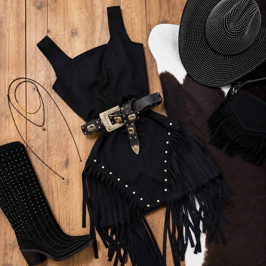 Women's Short Country Dress With Fringe And Belt - Western Style - Rodeo - Saint John's Day - June Festival - màu đen - Xem 1