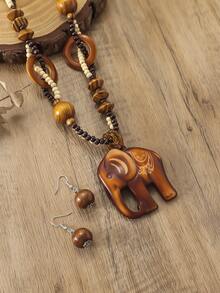 3pcs/Set Beaded Chain, Square Printed Pendant Necklace Set, Fashionable & Retro Style Jewelry Set For Women - Elephant - View 3