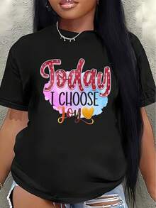 Women's Casual Short-Sleeved T-Shirt, Printed With The Phrase "Today I Choose To Be Happy," Is Suitable For Home, The Office, Or Going Out To Eat. It Features A Lightweight And Durable Design And A Comfortable Fit, With A Bright Heart-Shaped Print. Women's Blouses > Clothing - 黑色 - 查看 7