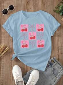 Camiseta Casual de Verano para Mujer YOCASA, con Cuello Redondo, Ajustada y de Manga Corta, con Estampado de Pintura al Óleo, Motivos Florales, de Corazones, de Cerezas y de Letras.Tela sencilla y casual, estilo deportivo, ideal para uso diario y una cita de San Valentín. - AZUL-YH137 - Ver 2