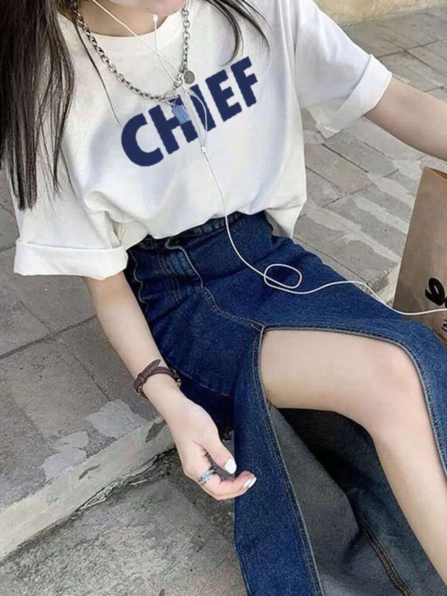 Nueva camiseta de manga corta informal y versátil con cuello redondo y estampado de letras único para mujer, colección primavera/verano. EBM4 - Blanco - Ver 1