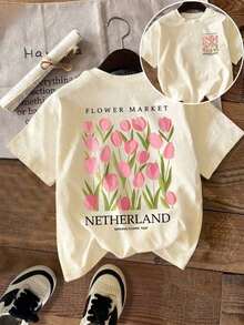 Women's Short-Sleeved T-Shirt With A Tulip Print From The Flower Market, Round Neck, Regular Length, High-Stretch Fabric, Casual Summer-Vintage Style, Urban Style, Unisex, Loose Fit, Cotton Blouses For Women. Casual Blouses For Ladies. - 杏色 - 查看 1