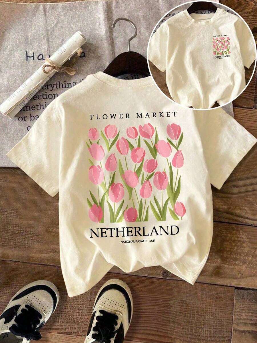 Women's Short-Sleeved T-Shirt With A Tulip Print From The Flower Market, Round Neck, Regular Length, High-Stretch Fabric, Casual Summer-Vintage Style, Urban Style, Unisex, Loose Fit, Cotton Blouses For Women. Casual Blouses For Ladies. - 杏色 - 查看 1