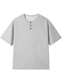 1件男士T恤，華夫格紋理短袖，舒適透氣 Polo/Henley 領，方便舒適，抗起球抗皺，可機洗，適合夏季聚會、日常與度假穿著，老錢風 - 灰色 - 查看 6