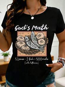 Women's Casual T-Shirt With A Religious Biblical Story Design Depicting The Miracle Of The Five Loaves And Two Fishes, Perfect For Everyday Wear In Spring And Summer, And A Great Gift For Friends And Family. Suitable As A Gift. Women's T-Shirt. Blouses > Elegant. Boho Chic. Soft, Breathable, And Comfortable Women's Top, Ideal For Spring, Summer, And Fall, Perfect For Vacations, Travel, And Everyday Wear. - 黑色 - 查看 1