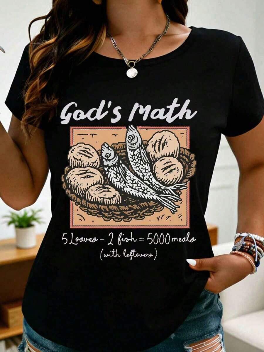 Women's Casual T-Shirt With A Religious Biblical Story Design Depicting The Miracle Of The Five Loaves And Two Fishes, Perfect For Everyday Wear In Spring And Summer, And A Great Gift For Friends And Family. Suitable As A Gift. Women's T-Shirt. Blouses > Elegant. Boho Chic. Soft, Breathable, And Comfortable Women's Top, Ideal For Spring, Summer, And Fall, Perfect For Vacations, Travel, And Everyday Wear. - 黑色 - 查看 1