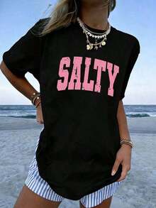 Women's 100% Cotton Graphic Graphic T-Shirt With Double Print "If I'm In A Bad Mood, Please Go Back To The Beach" And "Salty", Casual And Oversized Summer Style | Summer Clothes | Holiday Outfits Pure Cotton T-Shirt 100% Cotton 100% Cotton - 黑色 - 查看 3