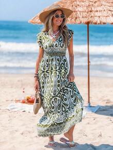 Vestido largo de línea A con mangas de campana, cintura con cordón y dobladillo con volantes, estampado de colocación, vestido de vacaciones informal para mujer - Multicolor 4 - Ver 4