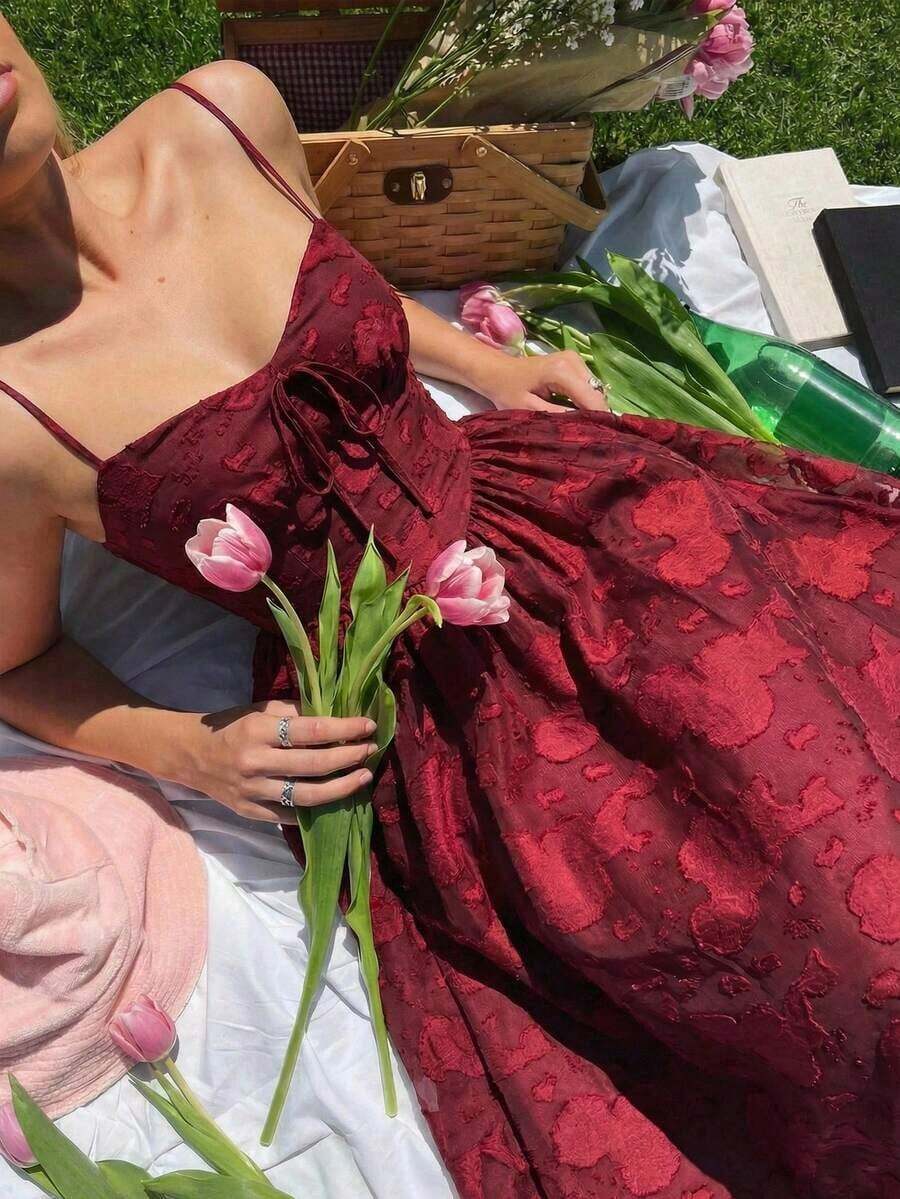 MOD Vestido midi de verano de mujer elegante de unicolor con recortes sin mangas - Burdeos - Ver 1