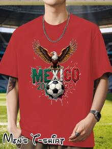 [Popular Licensed Design] Short-Sleeved T-Shirt With Mexico 2026 World Cup And Eagle " Warrior Style" Print, Latin American Style, Urban Fashion, Fan Support, Wild Eagle Retro Style, Suitable For Daily Wear, Parties, Dinners, Travel And Bar Outings, A Gift For Mexican Fans. - 紅色 - 查看 1