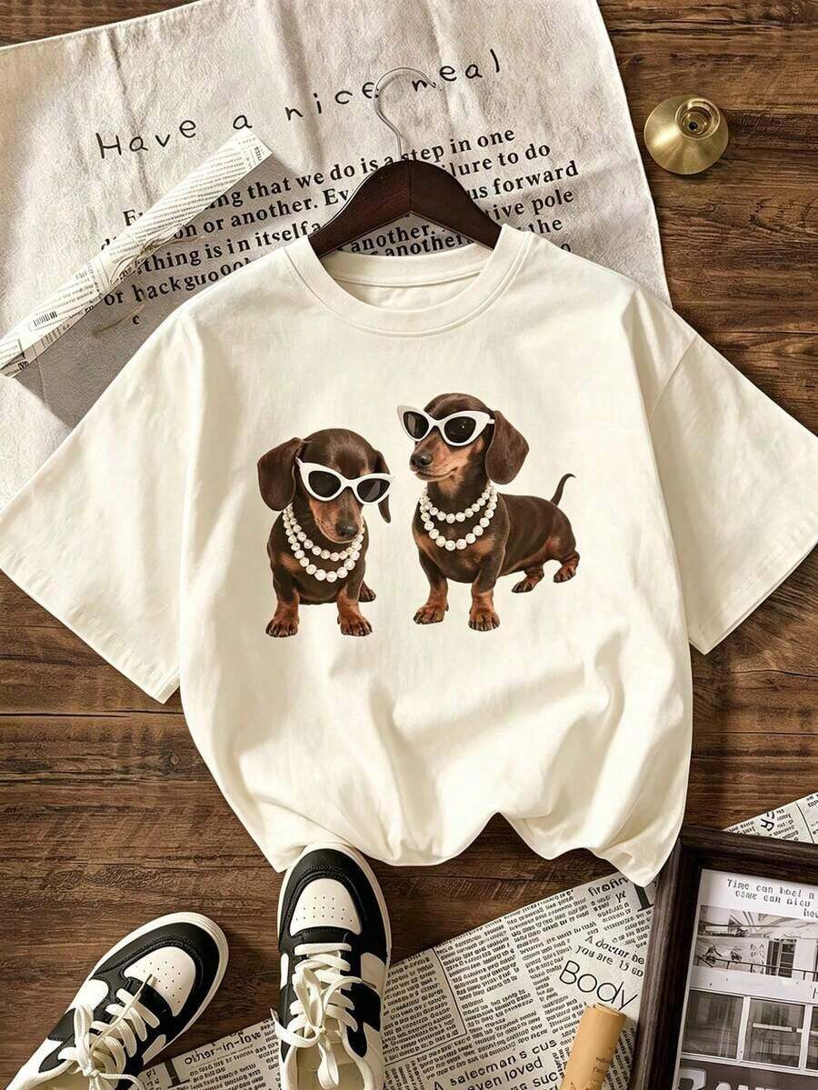 Camiseta con Estampado de Dachshund, Camiseta Casual de Manga Corta con Cuello Redondo, Ropa de Verano para Mujer - albaricoque claro - Ver 1