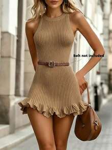Women's Fitted Sleeveless Sweater Dress With Ruffled Hem - Khaki - View 7