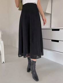 Falda sólida de cintura alta para uso diario de mujer, otoño - Negro - Ver 6