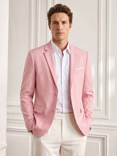 Officeau Men's Suit Jacket, Double-Breasted Elegant Solid Color Slim Fit Single-Breasted Party Suit Jacket, Formal Business Wedding Party, Pink, Size XS-3XL
