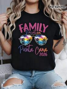 Fashionable Women's Round Neck T-Shirt For Spring And Summer, With A Romantic And Warm Tropical Island Theme For Family Vacations In Punta Cana - Urban Vintage Style, Unisex, Cotton, Short Sleeve And Round Neck. - 黑色 - 查看 2