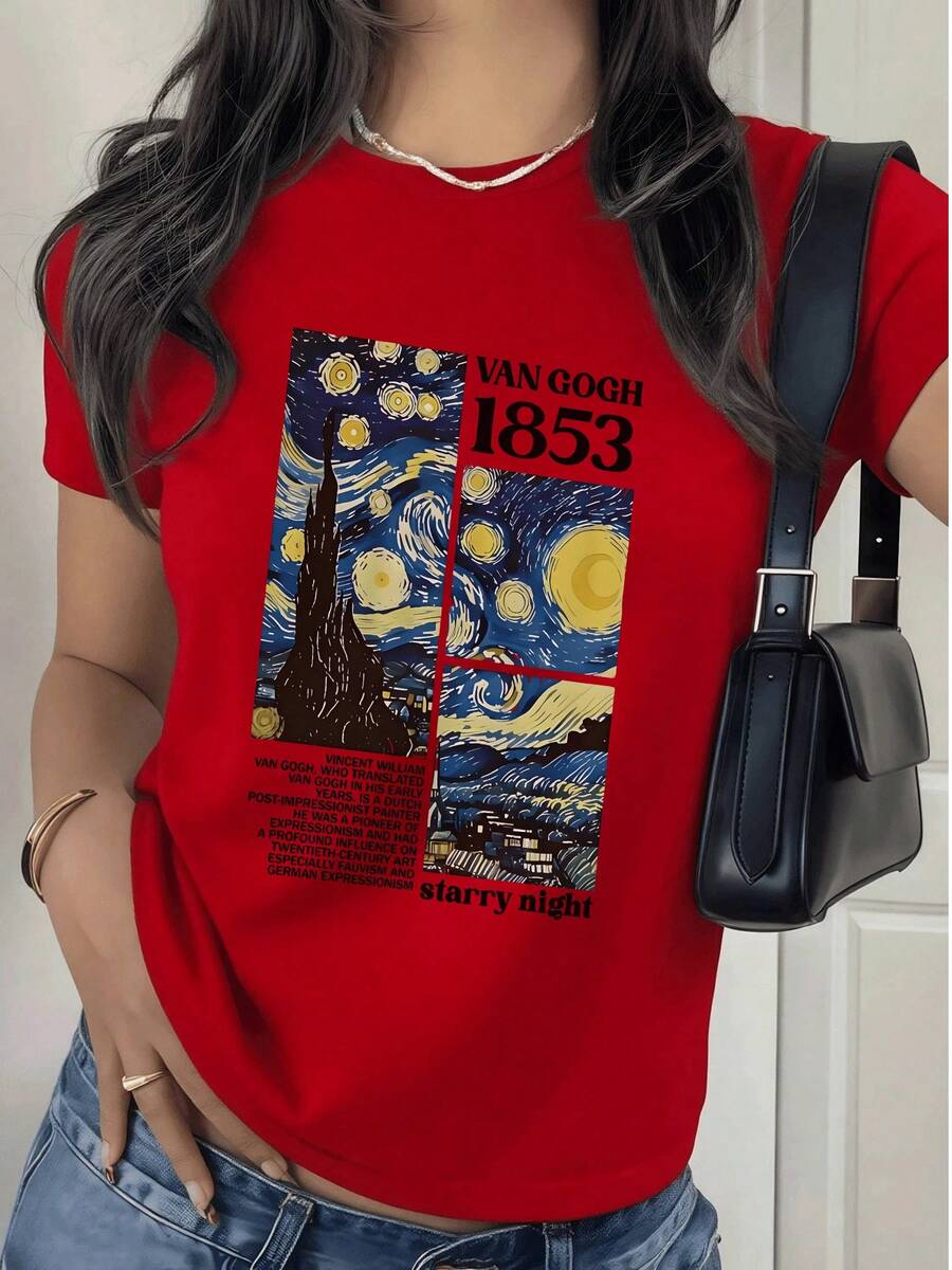 Fashionable Women's T-Shirt, Women's T-Shirt With Starry Night Sky Print Inspired By Art, 180g, Ideal For A Casual And Artistic Look - 紅色 - 查看 1