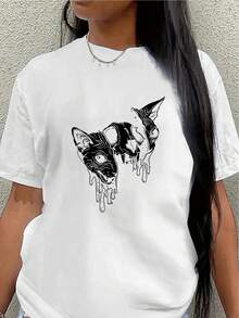 Polyester Short-Sleeved T-Shirt, Decorated With A Cat Skull Design, Lightweight And Durable, Suitable For Casual Wear At Home Or In A Cafe, Offering Both Everyday Comfort And Style. Women's Casual Blouse - 白色 - 查看 1