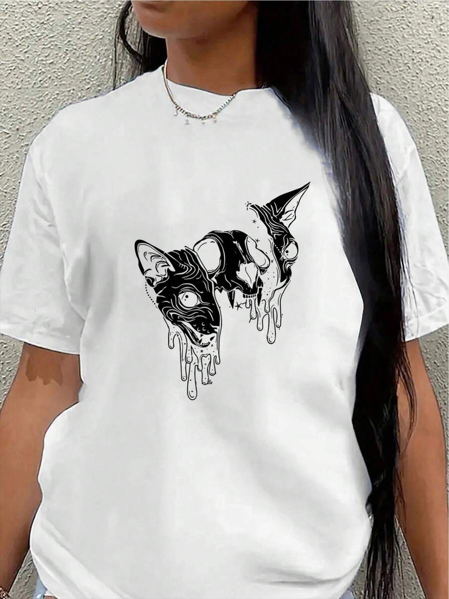 Polyester Short-Sleeved T-Shirt, Decorated With A Cat Skull Design, Lightweight And Durable, Suitable For Casual Wear At Home Or In A Cafe, Offering Both Everyday Comfort And Style. Women's Casual Blouse - 白色 - 查看 1