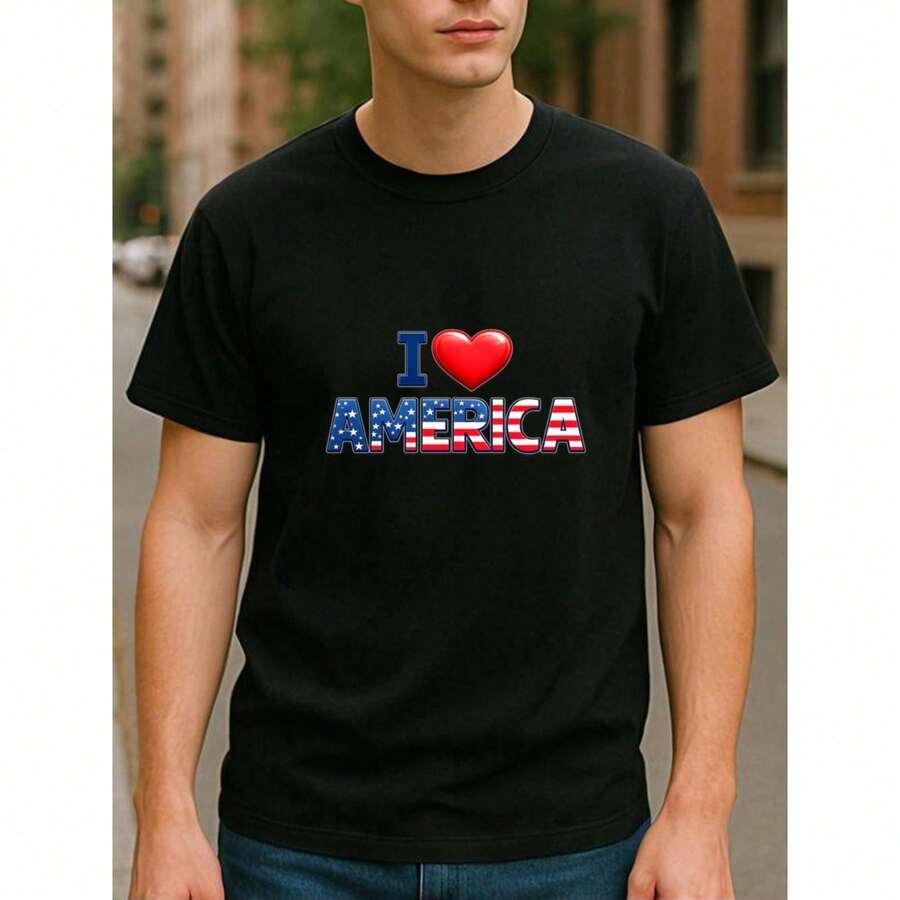 Wear Your Pride On Your Body. Stars And Stripes Wrapped Around 'AMERICA', Patriotic Sentiments, National Pride, Classic American Symbols. Men's Printed Short-Sleeve T-Shirt, High-Quality Custom One-Piece Tee, Re Fit EQWL 5NAD - 黑色 - 查看 1