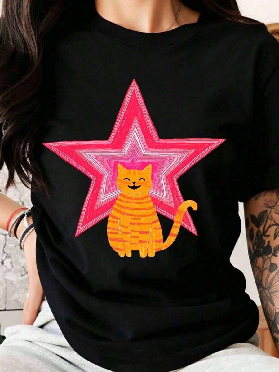 Women's White T-Shirt With Cute Cat And Pink Star Design, Summer Casual Wear, Fun Animal Graphic T-Shirt, Gift For Cat Lovers, 100% Pure Cotton, Women's T-Shirt - 黑色 - 查看 1