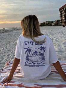 Women's 100% Cotton T-Shirt With A Sun And Beach Print Of West California, Perfect For Summer, The Beach, Music Festivals, And Vacations. It Features A Retro American Graphic Design, Making It A Great Summer And Casual T-Shirt, Ideal For Women's Vacations, With A Fun And  Design. - 白色 - 查看 9
