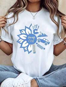 Women's Oversized T-Shirt With JEEPS Print, Casual Cotton Top With Short Sleeves And Round Neck, 220g Blouses For Women - 白色 - 查看 6