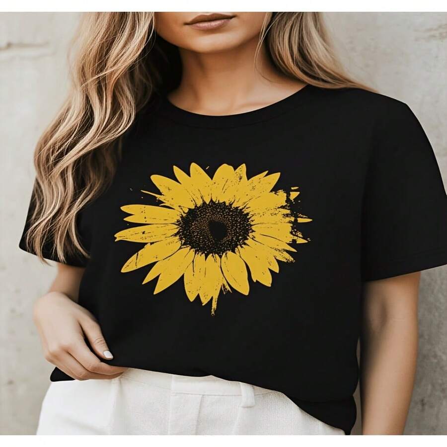 Camiseta para mujer con estampado de girasoles, estilo casual de verano para uso diario y salidas a la playa, 2D blusas bonitas para mujer, camiseta de mujer casual de Diseño holgado, holgada y ligeramente larga S-XXXL - Negro - Ver 1