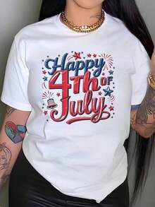 blusas [Camiseta Deportiva] Camiseta Casual Estampada "4 de Julio Feliz", Cuello Redondo, Manga Corta, Chaqueta de Primavera y Verano, Ropa de Mujer |     Corte relajado |     Talla grande   Adecuado para primavera, verano y otoño - Blanco - Ver 7
