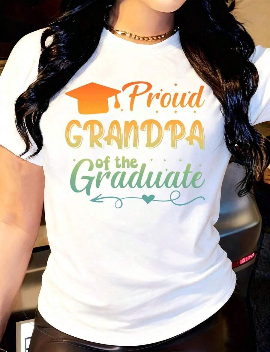 Women's T-Shirt "Proud Grandfather Of The Graduate", Round Neck, Short Sleeve, Casual, Suitable For Daily Outdoor Wear, Perfect For All Seasons. - 白色 - 查看 1