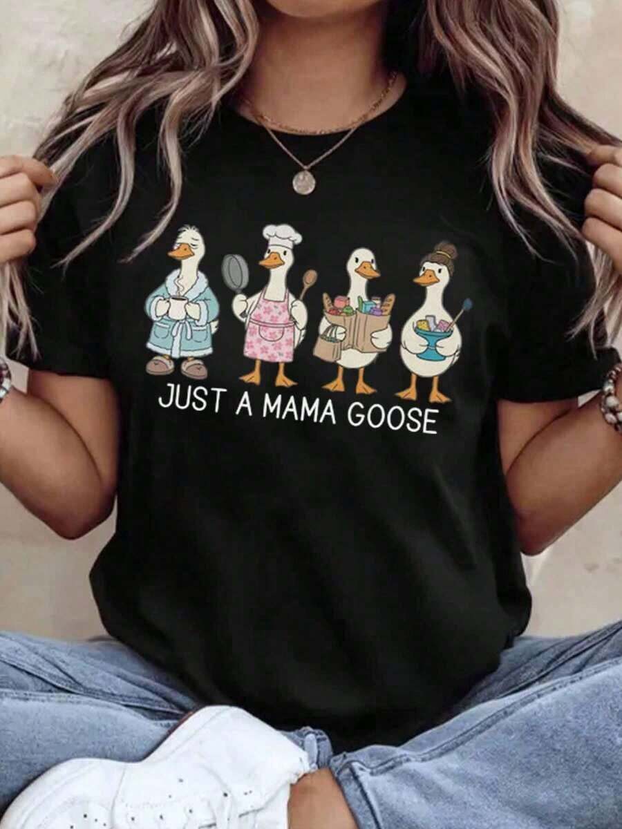 Suave Just A Mama Goose Duck Family Cartoon T-Shirt For Women, Gift For Mothers, Funny Graphic Tee With Adorable Duck Design, 200g, Casual Blouse For Women, Blouses For Women, Cotton Women's T-Shirts. - 黑色 - 查看 1