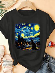 Camiseta Deportiva Casual para Mujer con Ilustración de Gato en Noche Estrellada - Camiseta Negra Elástica de Cuello Redondo, Lavable aáquina, Confortable y Apta para Todas las Estaciones, para Uso Diario y Actividades al Aire Libre. - Negro - Ver 6