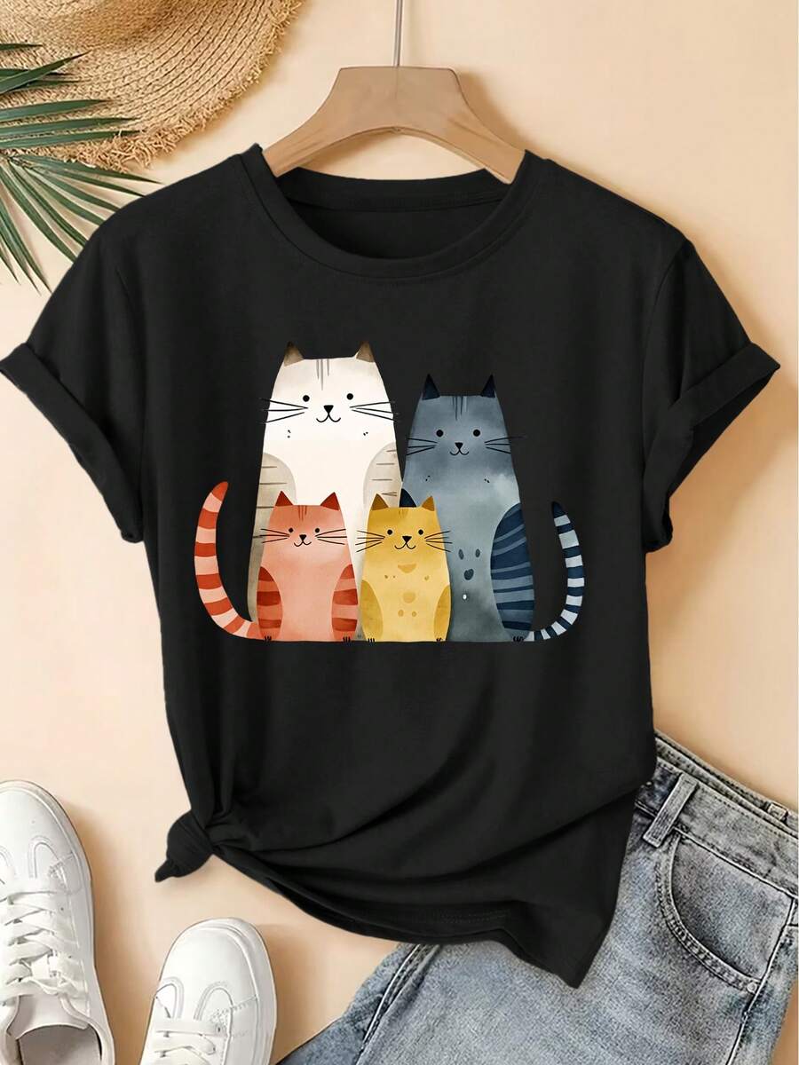 Camiseta Deportiva Casual para Mujer en Negro Tie-Dye con Ilustración Colorida de Gato - Camiseta Elástica de Cuello Redondo, Lavable aáquina, Ajuste Cómodo y Perfecta para Todas las Estaciones. - Negro - Ver 1