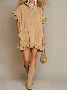 A-Line Dress With Short Sleeves And Ruffles, Two Pockets And Zipper, New Spring Summer 2026 Collection - 駝色 - 查看 5