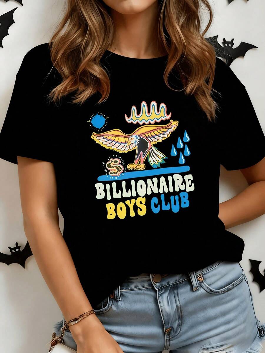 Colorful Bird Spreading Its Wings Among Blue Drops And A Symbol Of Prosperity That Conveys Freedom, Energy And Optimism. Women's T-Shirt With Modern And Cheerful Graphic Art - 黑色 - 查看 1