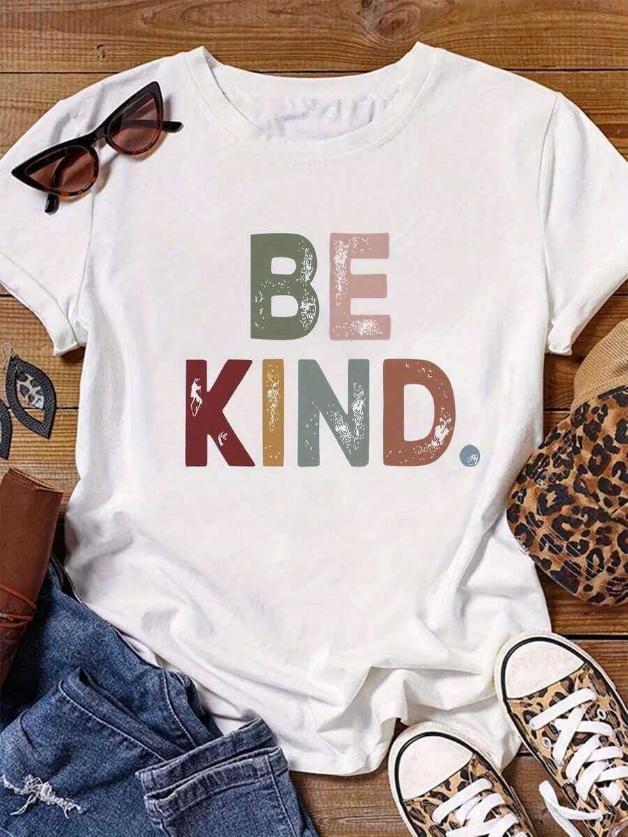 Soft 100% Cotton Short Sleeve T-Shirt With BELIND Print, Plus Size, Round Neck, Breathable, Versatile, Casual Blouse For Women, Women's Blouses, Women's Cotton T-Shirts - 白色 - 查看 1