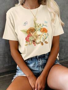 Women's Casual Summer Top, Illustrated Style, Mushroom And Butterfly Print, Short Sleeve Crew Neck T-Shirt, Winter Size, Women's Clothing - 杏色 - 查看 1