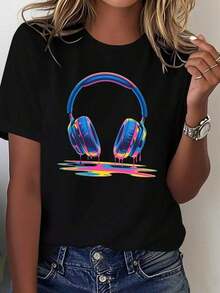 1Piece Casual Fashion For Men And Women's T-Shirt 2026 Pure Neon Drip Headphones For Women - White With Pink And Blue Musical Headphone Design. This Informal Round Neck T-Shirt Is Perfect For Electronic Music Festival Outfits, DJ Party Looks, And Everyday Wear. It's Versatile, Easy To Match, And Suitable For Daily Wear, Urban Style, Holiday Outfits, And Weekend Wear. - 黑色 - 查看 7