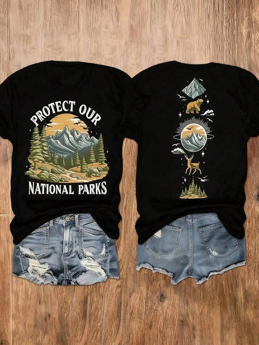 Women's National Park Print T-Shirt - "Protect Our Parks" Mountain View Design - Fashionable Double-Sided Print, Soft Crew Neck, Short Sleeve - Casual Outdoor Travel Top - Everyday Style - Nature-Themed Clothing, Vacation Outfit, Comfortable Fit - 黑色 - 查看 1